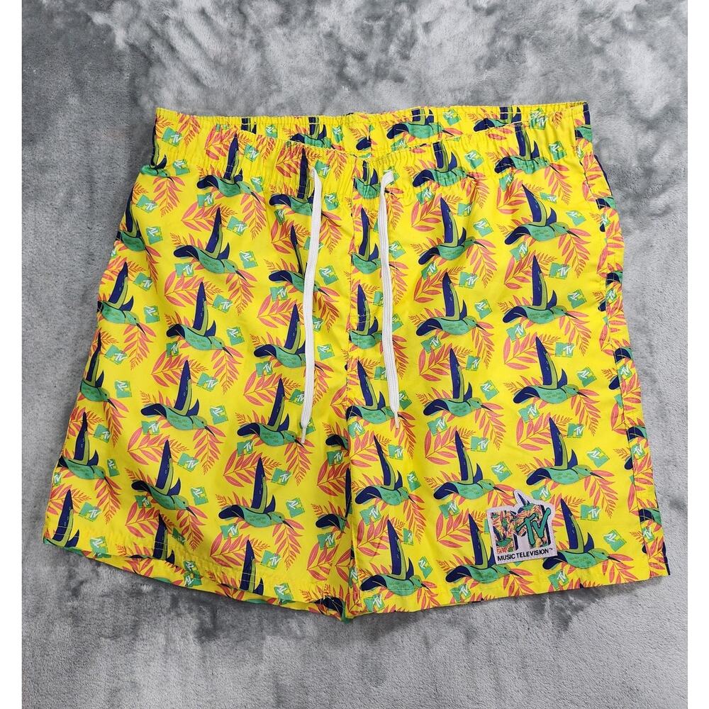 MTV Music Television Board Shorts Mens L Yellow Tropical Drawstring Beach Swim